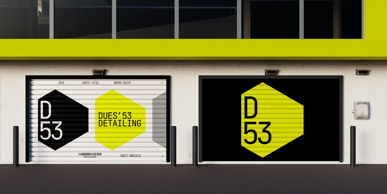 Deus 53 detailing studio brand identity — exterior signage